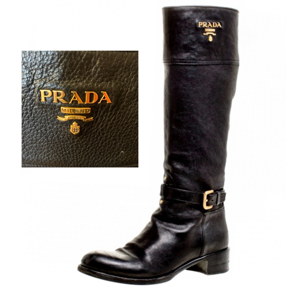 Prada Black Leather Tall Boots with Gold Buckle Sz 38 1/2